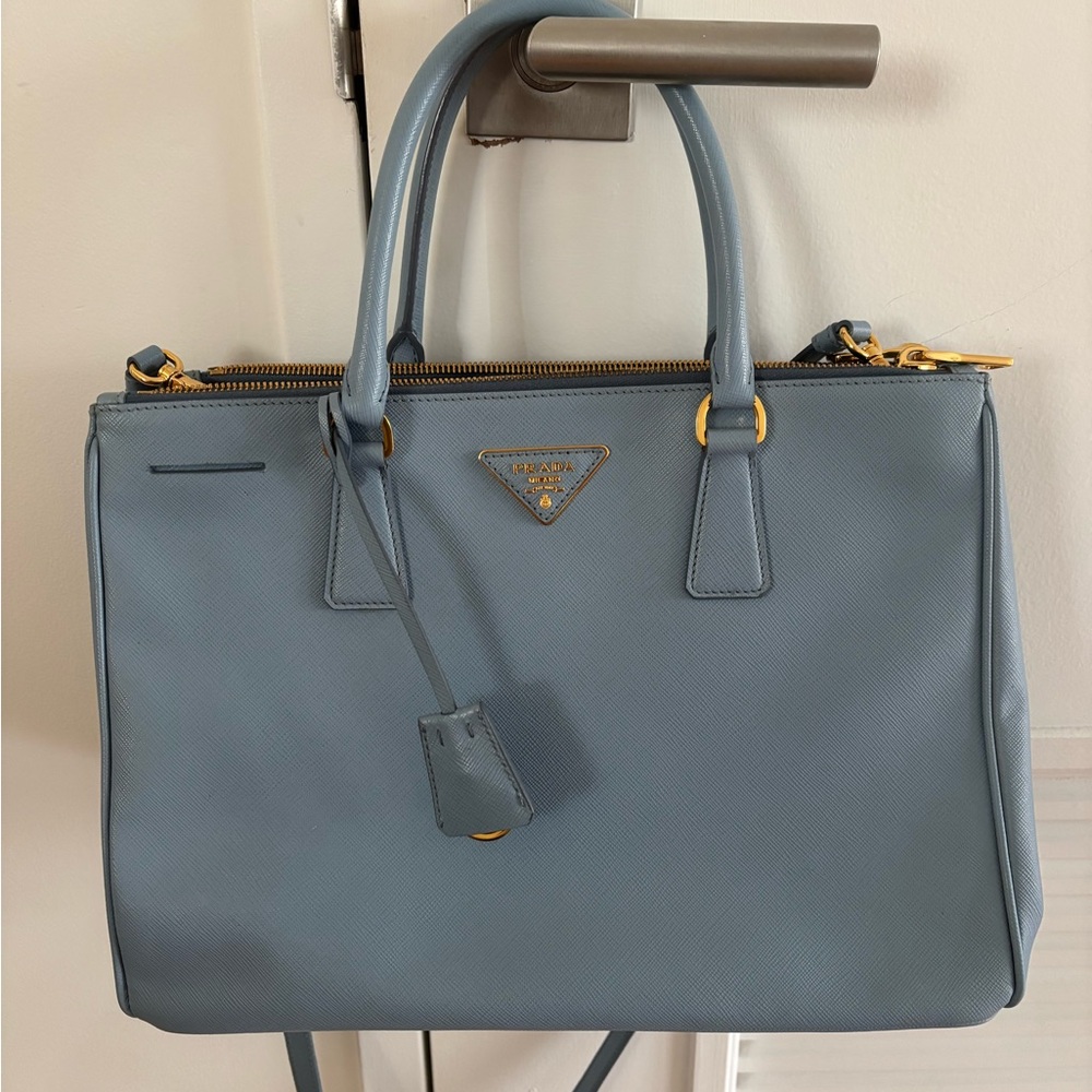 Prada Saffiano Large Double Zip Satchel in Powder Blue (“Astrale”) Gold Hardware